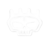 White skull logo with crown on a black background